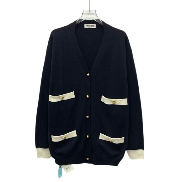 Miu Miu Womens Black Cardigan W/ Gold Buttons & Contrast Cream Pockets Size 38 M - Picture 1 of 8